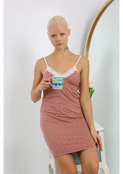 - Kadın Penye Puantiye Desenli Ip Askılı Gecelik