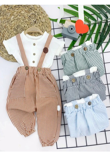 9-12-18-24 Ay Pamuk Keten Cepli Çizgili 2li Erkek Bebek Salopet Takımı Yeşil