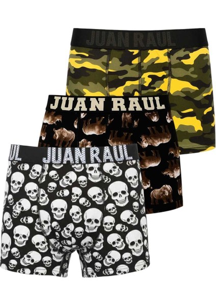 Erkek Çok Renkli 3’lü Desenli Boxer Seti – Kamuflaj ve Kuru Kafa Baskılı Pamuklu Likralı Rahat Boxer 2603106