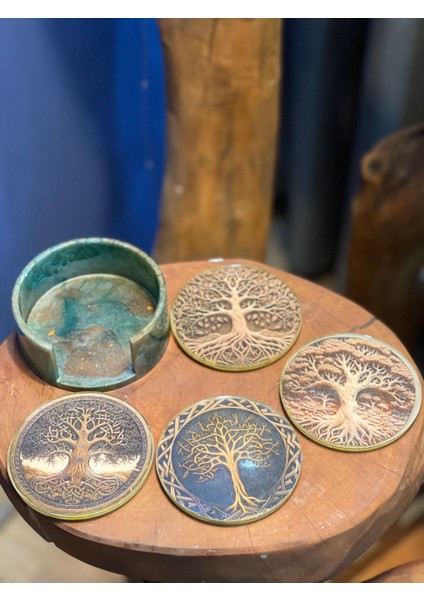 Epoksi & Gerçek Ahşap 5’li Yaşam Ağacı Bardak Altlığı Seti | El Yapımı Dekoratif Set | Doğal & Şık Hediye