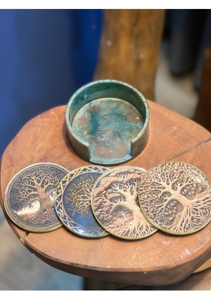 Epoksi & Gerçek Ahşap 5’li Yaşam Ağacı Bardak Altlığı Seti | El Yapımı Dekoratif Set | Doğal & Şık Hediye fiyatları