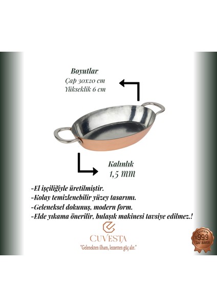 El Yapımı Şef Tipi Bakır Oval Tava 30X20CM indirimleri