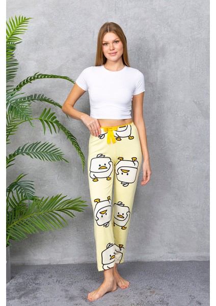 Kadın Beli Lastikli Civciv Desenli Pijama Alt Sarı - 4544