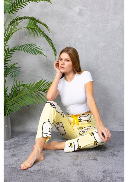 Kadın Beli Lastikli Civciv Desenli Pijama Alt Sarı - 4544 modelleri
