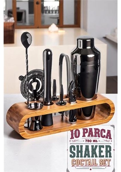 Shaker Kokteyl Set - 10 Parça 750 ML Shaker Coctail Set Bambu Standlı fiyatları