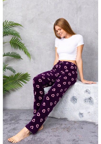 Kadın Beli Lastikli Kalp Desenli Polar Pijama Alt Mor - 2068 fiyatları