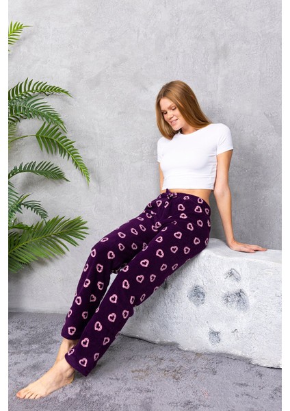Kadın Beli Lastikli Kalp Desenli Polar Pijama Alt Mor - 2068