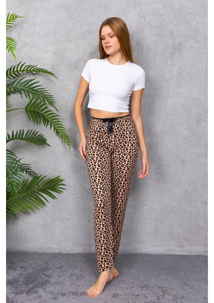 Kadın Beli Lastikli Desenli Pijama Alt Leopar - 4539