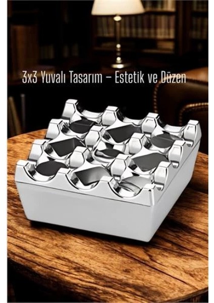Metal Döküm Küllük – 3x3 Yuvalı, Krom , Modern ve Ağırlıklı Tasarım 7