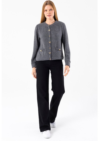 Kadın Bisiklet Yaka Düğmeli Yumuşak Dokulu Hırka Siyah - 2686