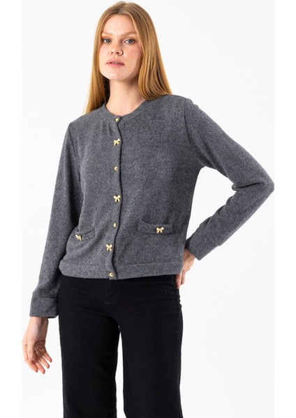 Kadın Bisiklet Yaka Düğmeli Yumuşak Dokulu Hırka Siyah - 2686