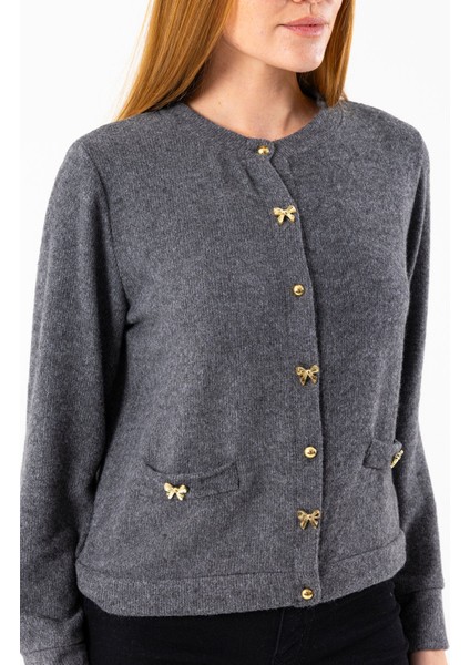 Kadın Bisiklet Yaka Düğmeli Yumuşak Dokulu Hırka Siyah - 2686