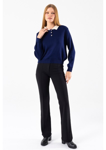 Kadın Polo Yaka Düğme Detaylı Triko Kazak Lacivert - 25K 2546