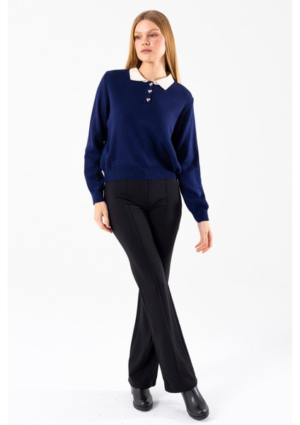 Kadın Polo Yaka Düğme Detaylı Triko Kazak Lacivert - 25K 2546 fiyatları