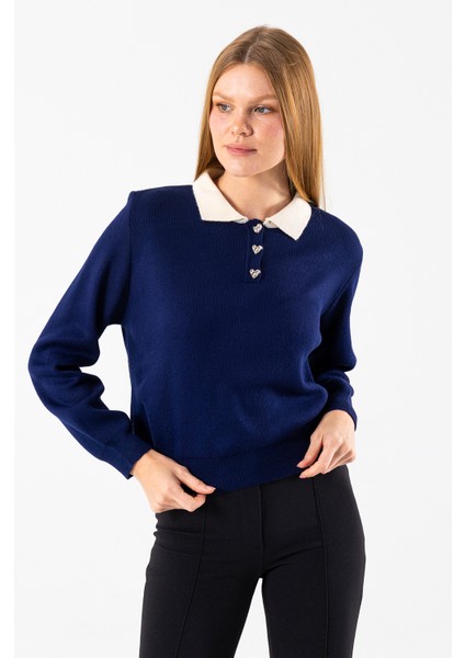 Kadın Polo Yaka Düğme Detaylı Triko Kazak Lacivert - 25K 2546 modelleri