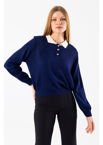 Kadın Polo Yaka Düğme Detaylı Triko Kazak Lacivert - 25K 2546 fırsatları
