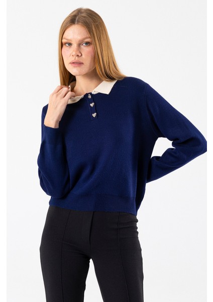 Kadın Polo Yaka Düğme Detaylı Triko Kazak Lacivert - 25K 2546 indirimleri