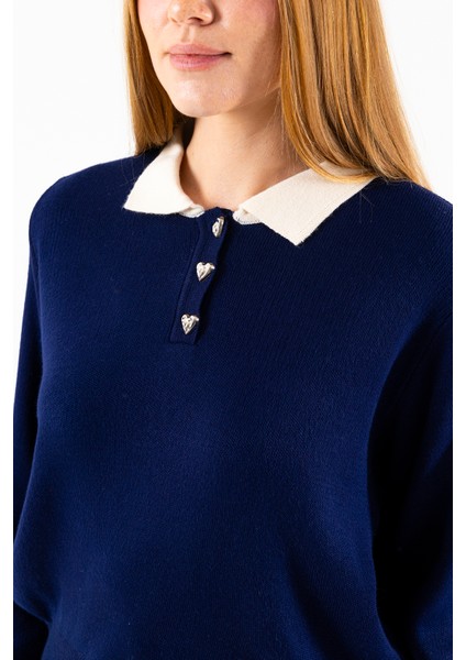 Kadın Polo Yaka Düğme Detaylı Triko Kazak Lacivert - 25K 2546