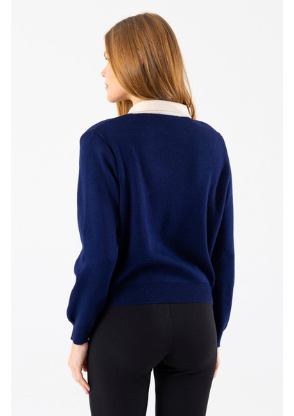 Kadın Polo Yaka Düğme Detaylı Triko Kazak Lacivert - 25K 2546