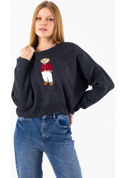 Kadın Bisiklet Yaka Kostümlü Ayıcık Nakışlı Triko Kazak Antrasit - 2344