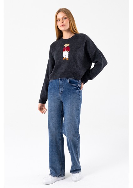 Kadın Bisiklet Yaka Kostümlü Ayıcık Nakışlı Triko Kazak Antrasit - 2344 modelleri