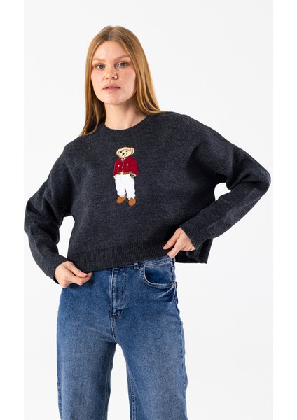 Kadın Bisiklet Yaka Kostümlü Ayıcık Nakışlı Triko Kazak Antrasit - 2344 fırsatları