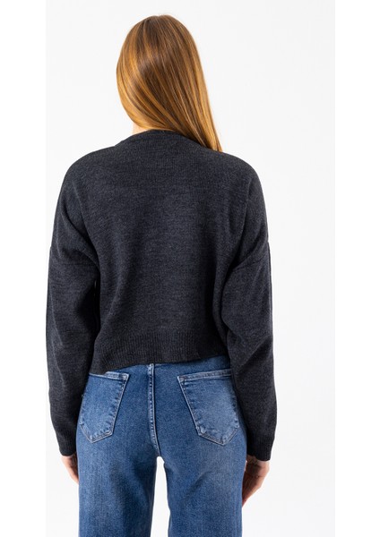 Kadın Bisiklet Yaka Kostümlü Ayıcık Nakışlı Triko Kazak Antrasit - 2344