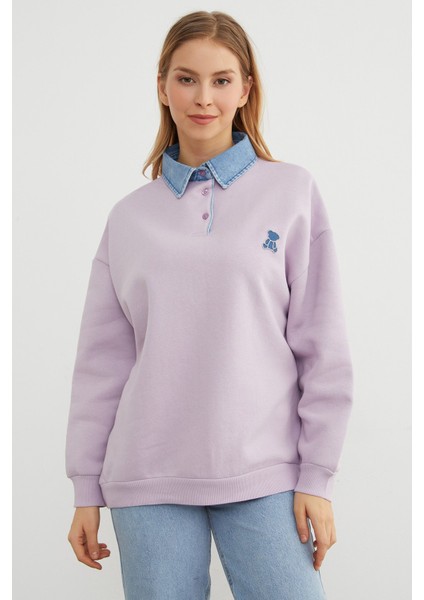 3 Iplik Ayıcık Nakışlı Polo Yaka Denim Detaylı Sweatshirt