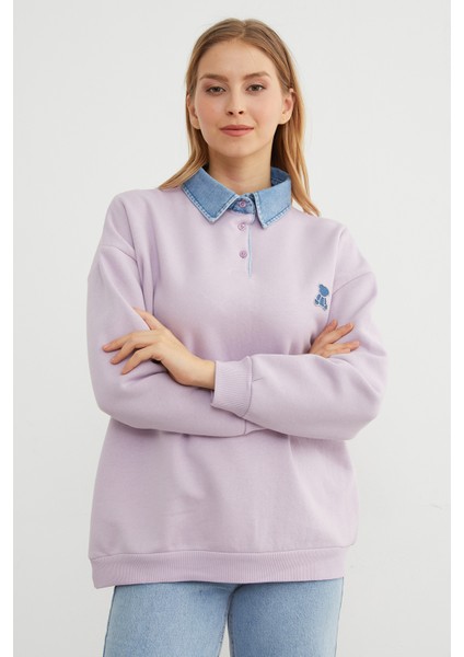 3 Iplik Ayıcık Nakışlı Polo Yaka Denim Detaylı Sweatshirt fiyatları