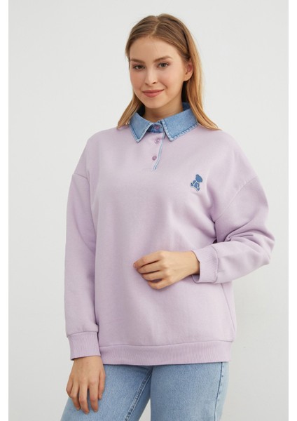 3 Iplik Ayıcık Nakışlı Polo Yaka Denim Detaylı Sweatshirt modelleri