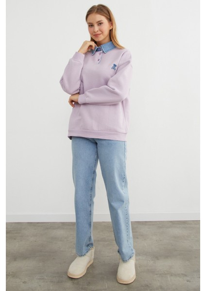 3 Iplik Ayıcık Nakışlı Polo Yaka Denim Detaylı Sweatshirt fırsatları