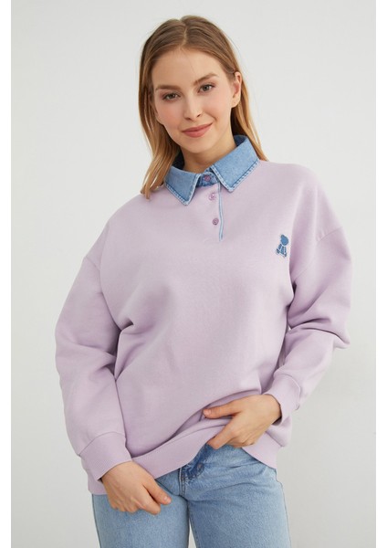 3 Iplik Ayıcık Nakışlı Polo Yaka Denim Detaylı Sweatshirt indirimleri
