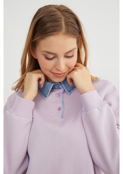 3 Iplik Ayıcık Nakışlı Polo Yaka Denim Detaylı Sweatshirt