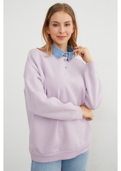 3 Iplik Ayıcık Nakışlı Polo Yaka Denim Detaylı Sweatshirt