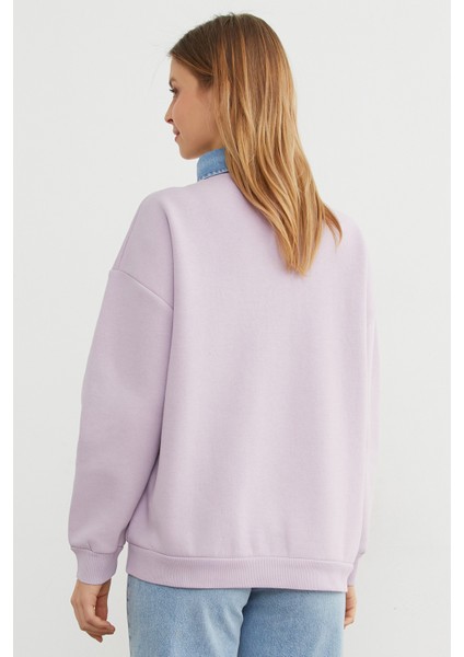 3 Iplik Ayıcık Nakışlı Polo Yaka Denim Detaylı Sweatshirt