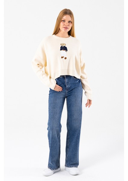Kadın Bisiklet Yaka Kostümlü Ayıcık Nakışlı Triko Kazak Krem - 2344 fiyatları