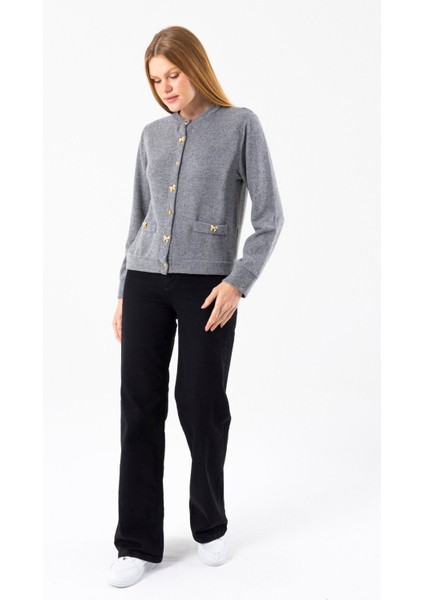 Kadın Bisiklet Yaka Düğmeli Yumuşak Dokulu Hırka Gri - 2686