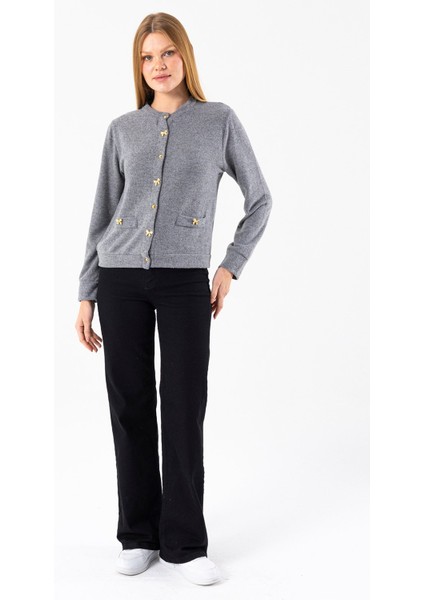 Kadın Bisiklet Yaka Düğmeli Yumuşak Dokulu Hırka Gri - 2686 fiyatları