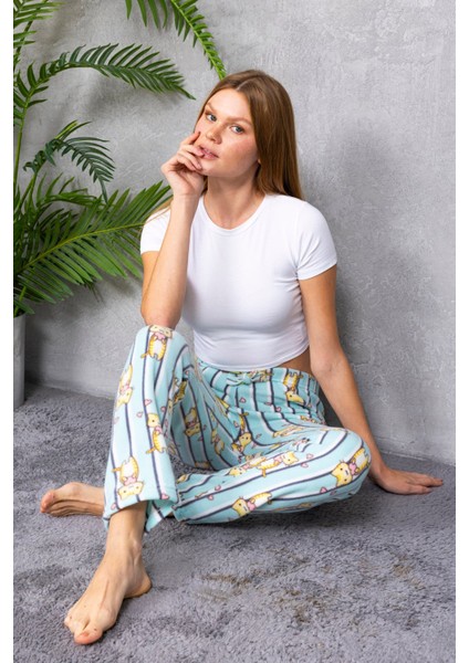 Kadın Beli Lastikli Kedi Desenli Polar Pijama Alt Yeşil - 2068 fiyatları