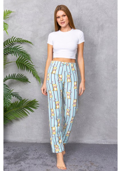 Kadın Beli Lastikli Kedi Desenli Polar Pijama Alt Yeşil - 2068 modelleri
