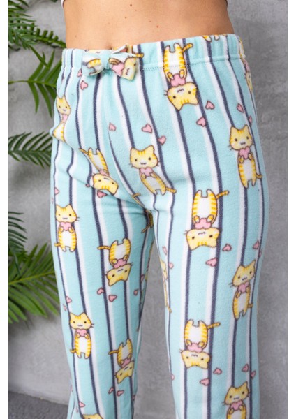 Kadın Beli Lastikli Kedi Desenli Polar Pijama Alt Yeşil - 2068