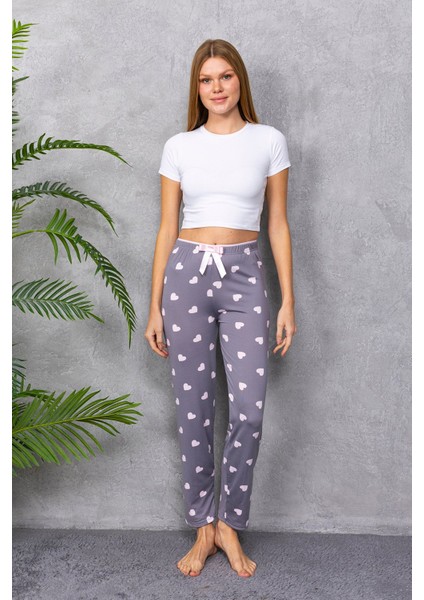 Kadın Beli Lastikli Kalp Desenli Pijama Altı Gri - 4537