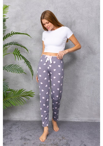 Kadın Beli Lastikli Kalp Desenli Pijama Altı Gri - 4537 fiyatları