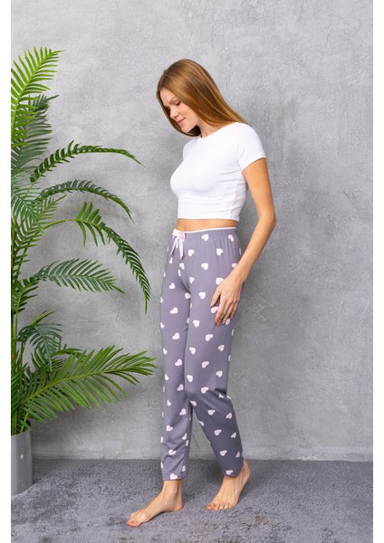Kadın Beli Lastikli Kalp Desenli Pijama Altı Gri - 4537 modelleri