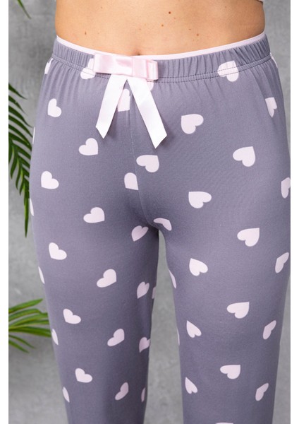 Kadın Beli Lastikli Kalp Desenli Pijama Altı Gri - 4537