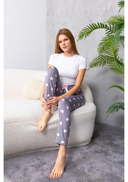 Kadın Beli Lastikli Kalp Desenli Pijama Altı Gri - 4537