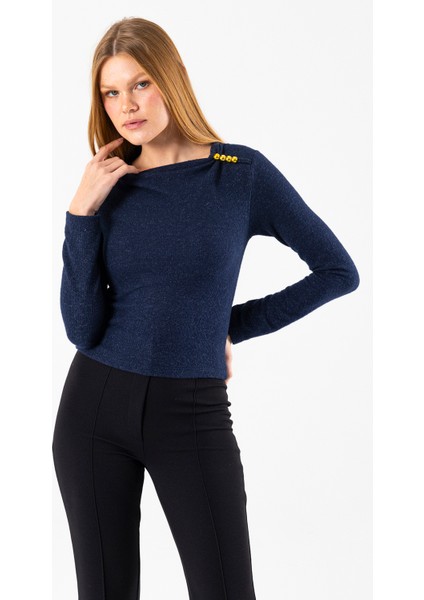 Kadın Asimetrik Yaka Omuz Aksesuar Detaylı Body Lacivert - 26100 modelleri