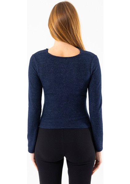 Kadın Asimetrik Yaka Omuz Aksesuar Detaylı Body Lacivert - 26100