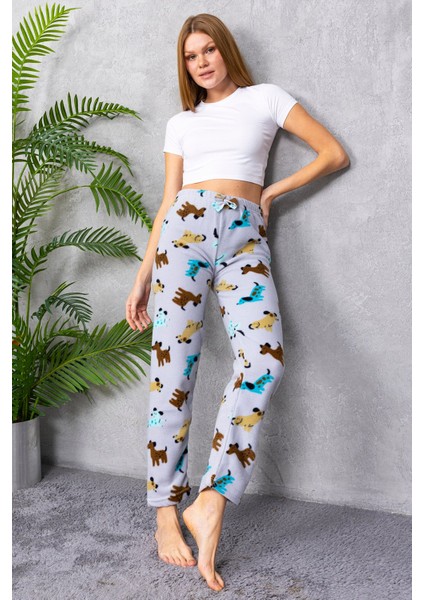 Kadın Beli Lastikli Köpek Desenli Polar Pijama Alt Gri - 2068
