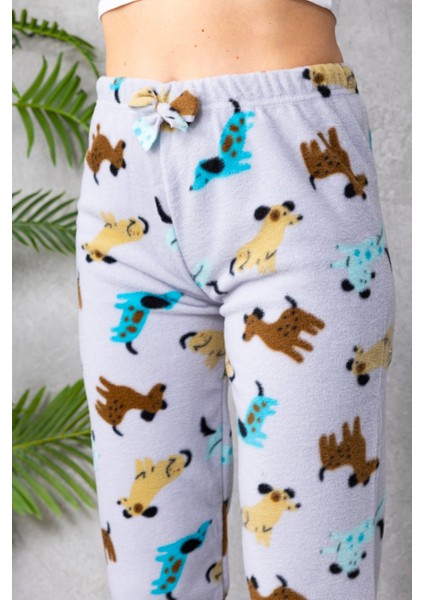 Kadın Beli Lastikli Köpek Desenli Polar Pijama Alt Gri - 2068 modelleri